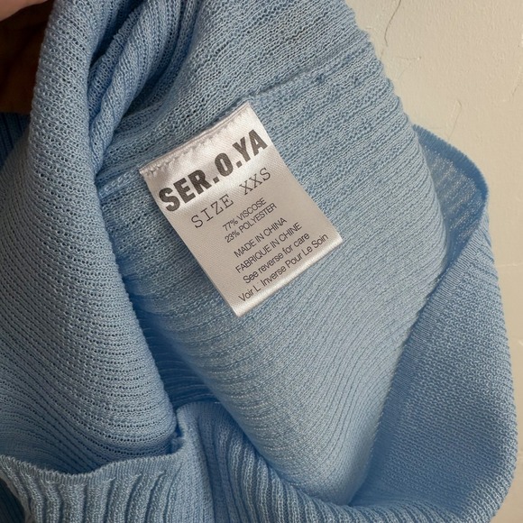 Ser.o.ya‎ | Galleria Rib Knit Off-Shoulder Semi-Sheer Maxi Dress in Powder Blue - Picture 9 of 9